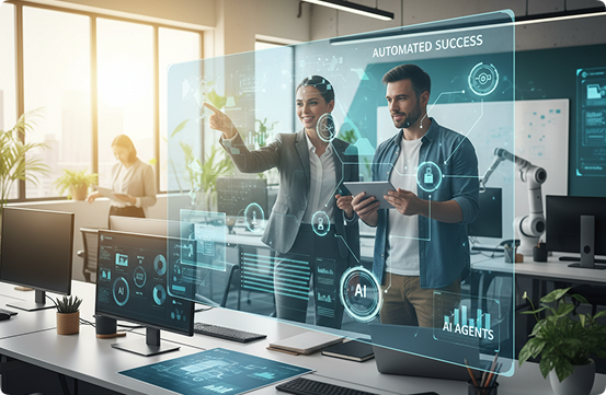 web app development agency team working together on laptop in bright workspace